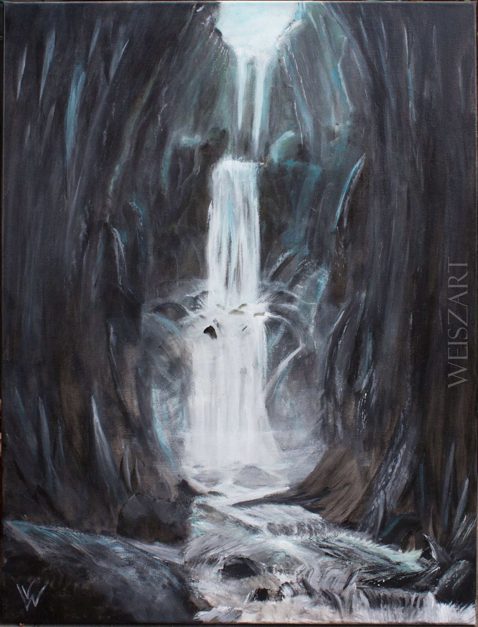 A waterfall falling through a dark cave, painted in acrylic