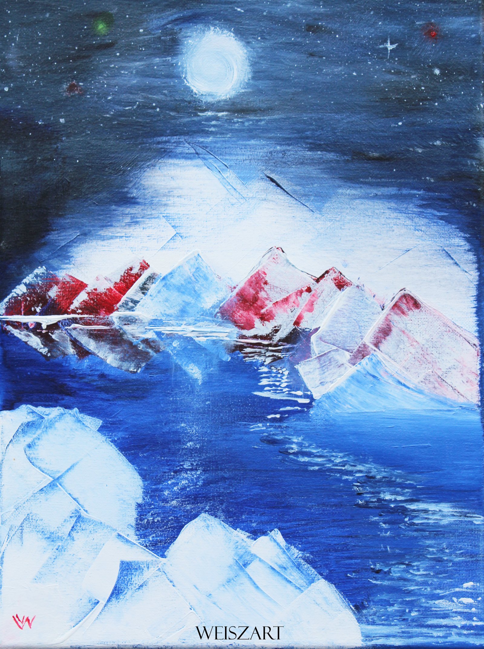 A full moon over ice, painted in acrylic