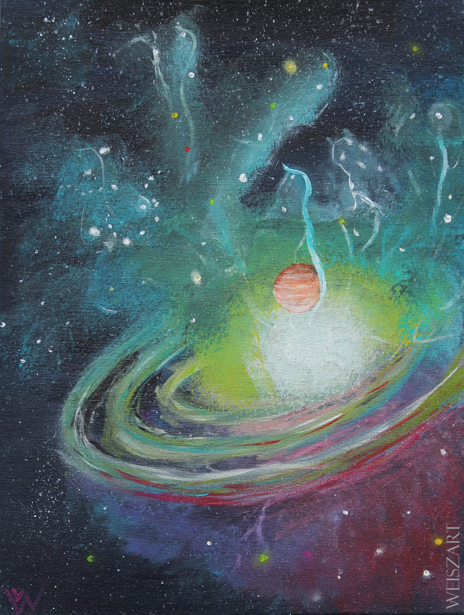 A swirling galaxy, painted in acrylic