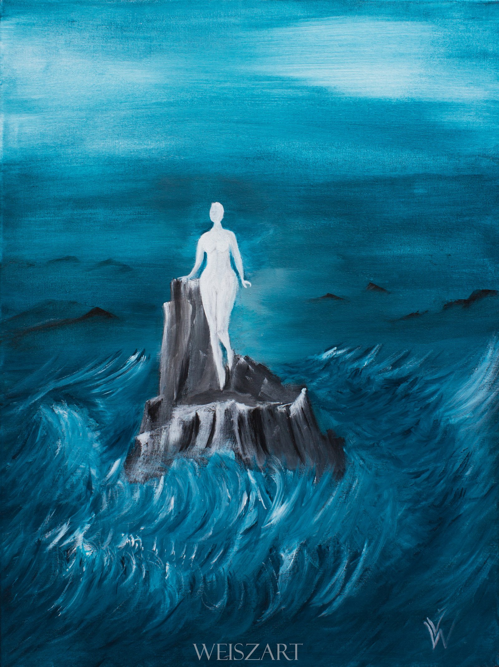 A figure rising from still water, painted in acrylic