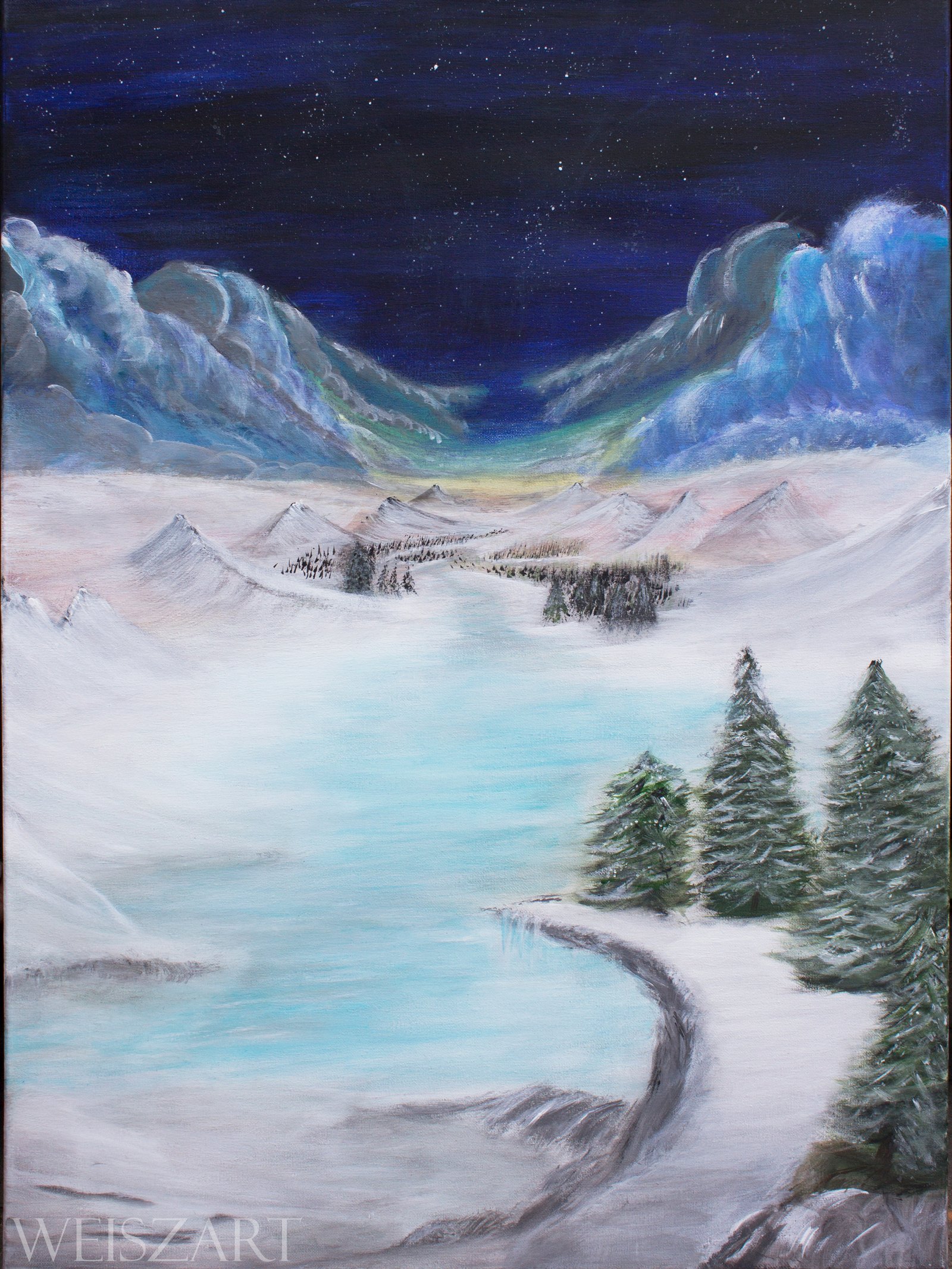 A snowy peninsula against the horizon, painted in acrylic